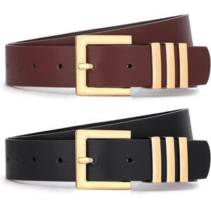 2 Pack Women's Leather Belts Fashion Square Gold Buckle Ladies NWT